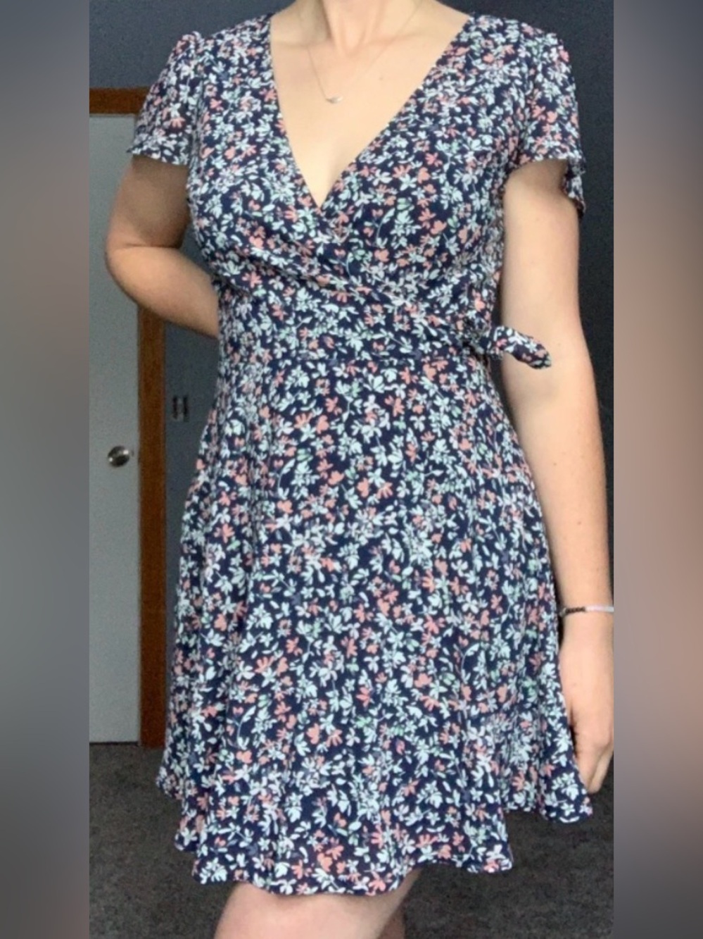 Abercrombie & Fitch Floral Faux Wrap Mini Dress Navy Short Sleeve Women's XS